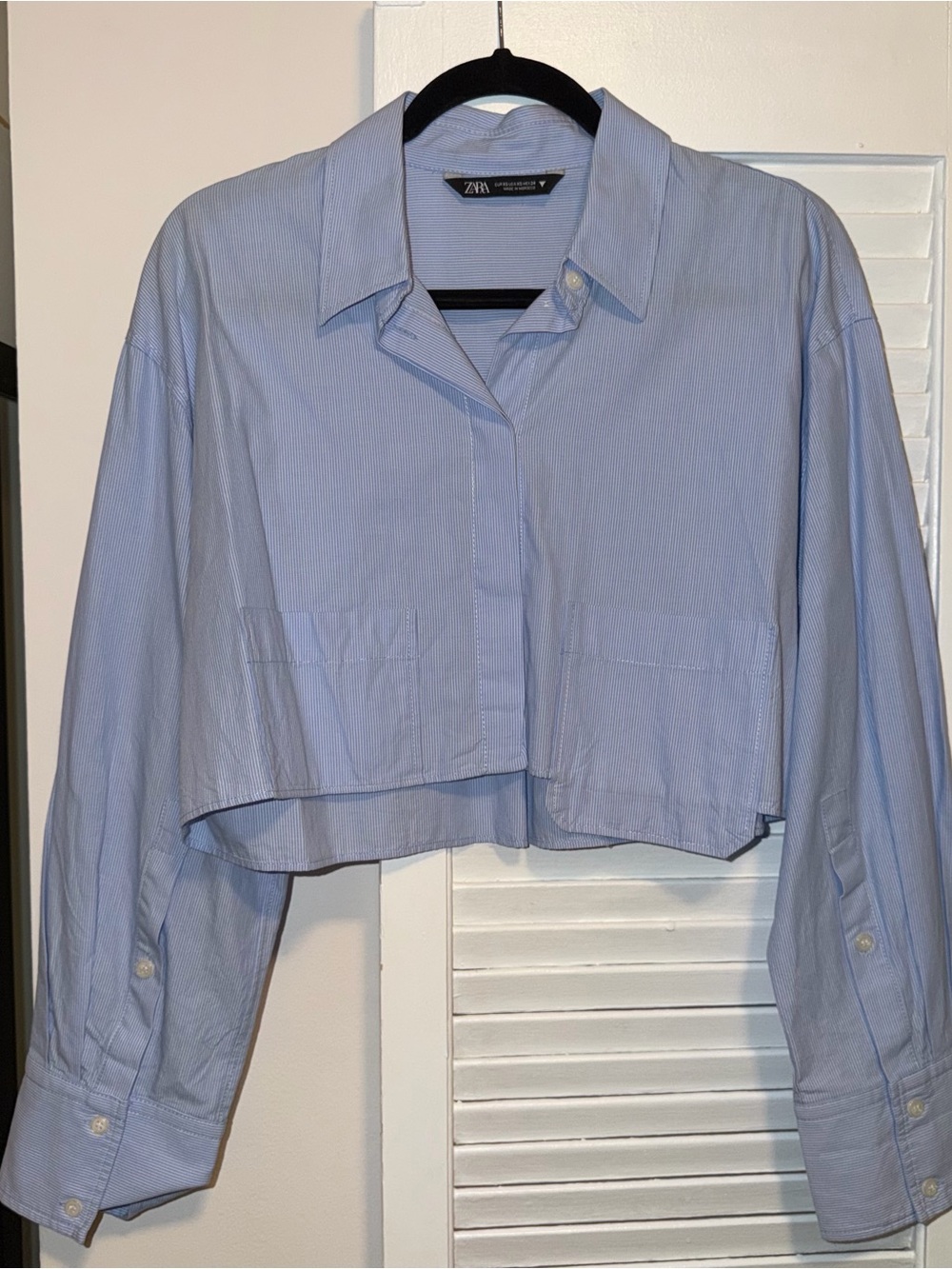 Zara Pale Blue Cropped Striped Poplin Shirt